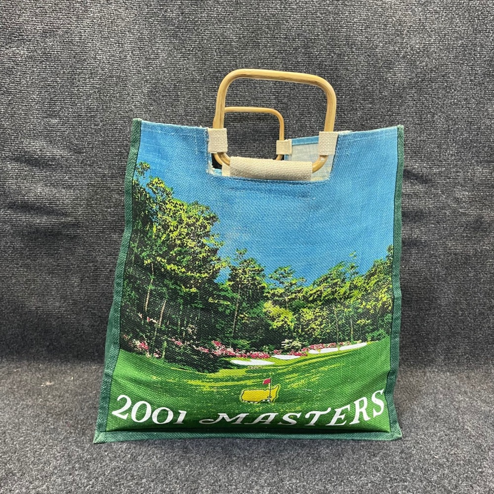 NWT Masters Golf Tournament M01JB Green 2001 Jute Bag Wood Handles Souvenir Tote